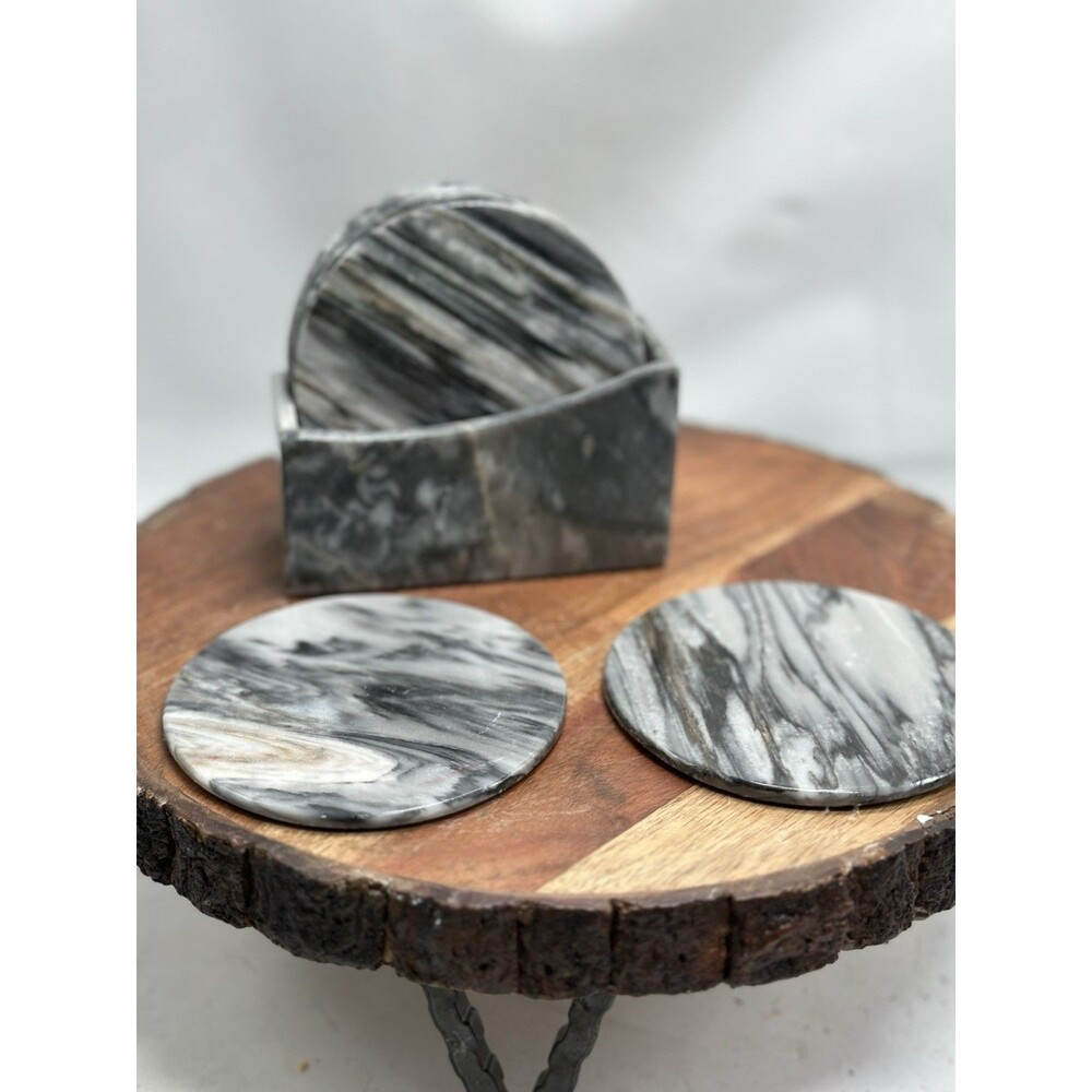 Natural Stone Black Gray Marble Round Alabaster Coaster Set With Holder